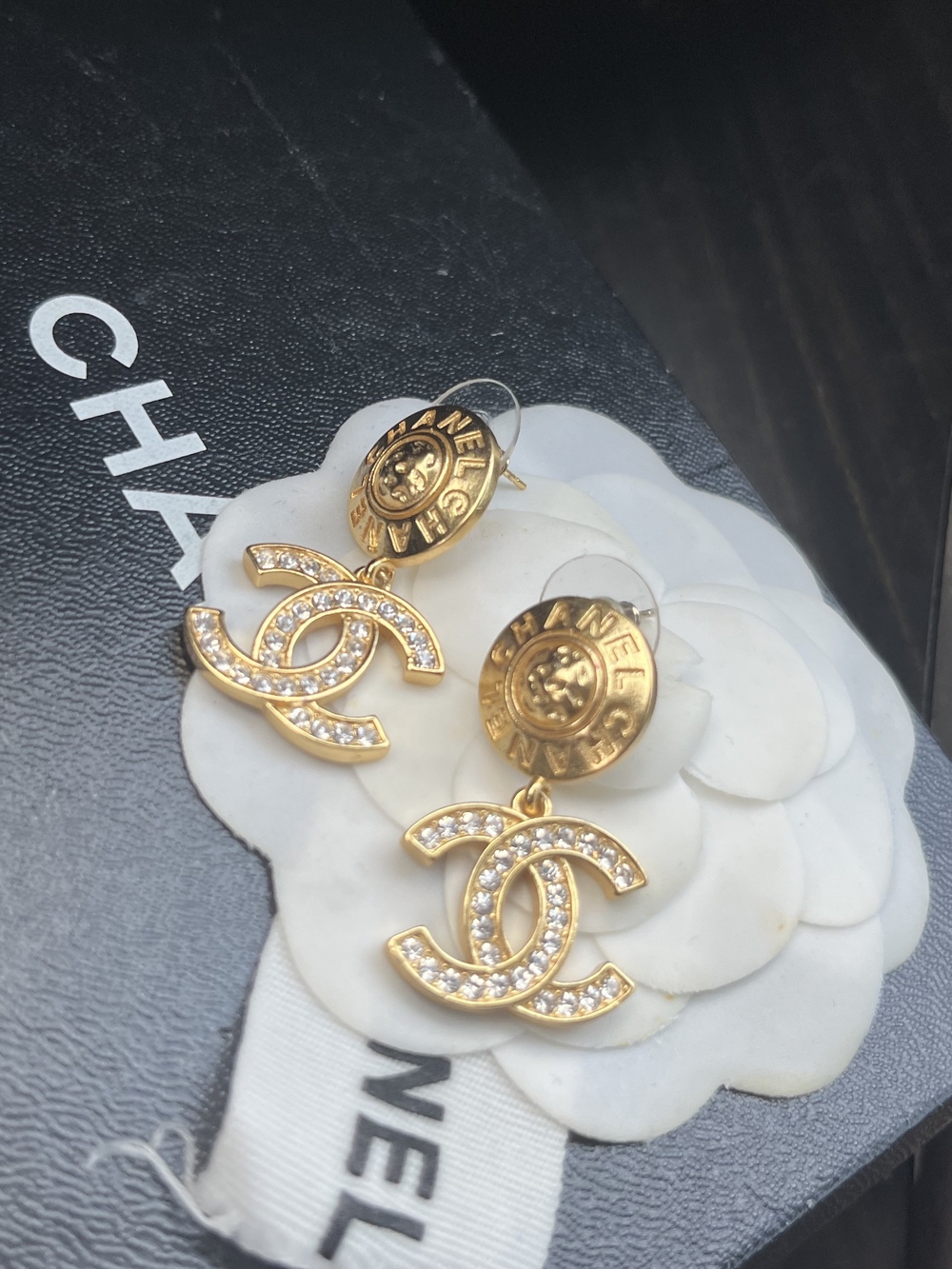 Vintage Authentic Chanel Gold Crystal CC Drop Earrings